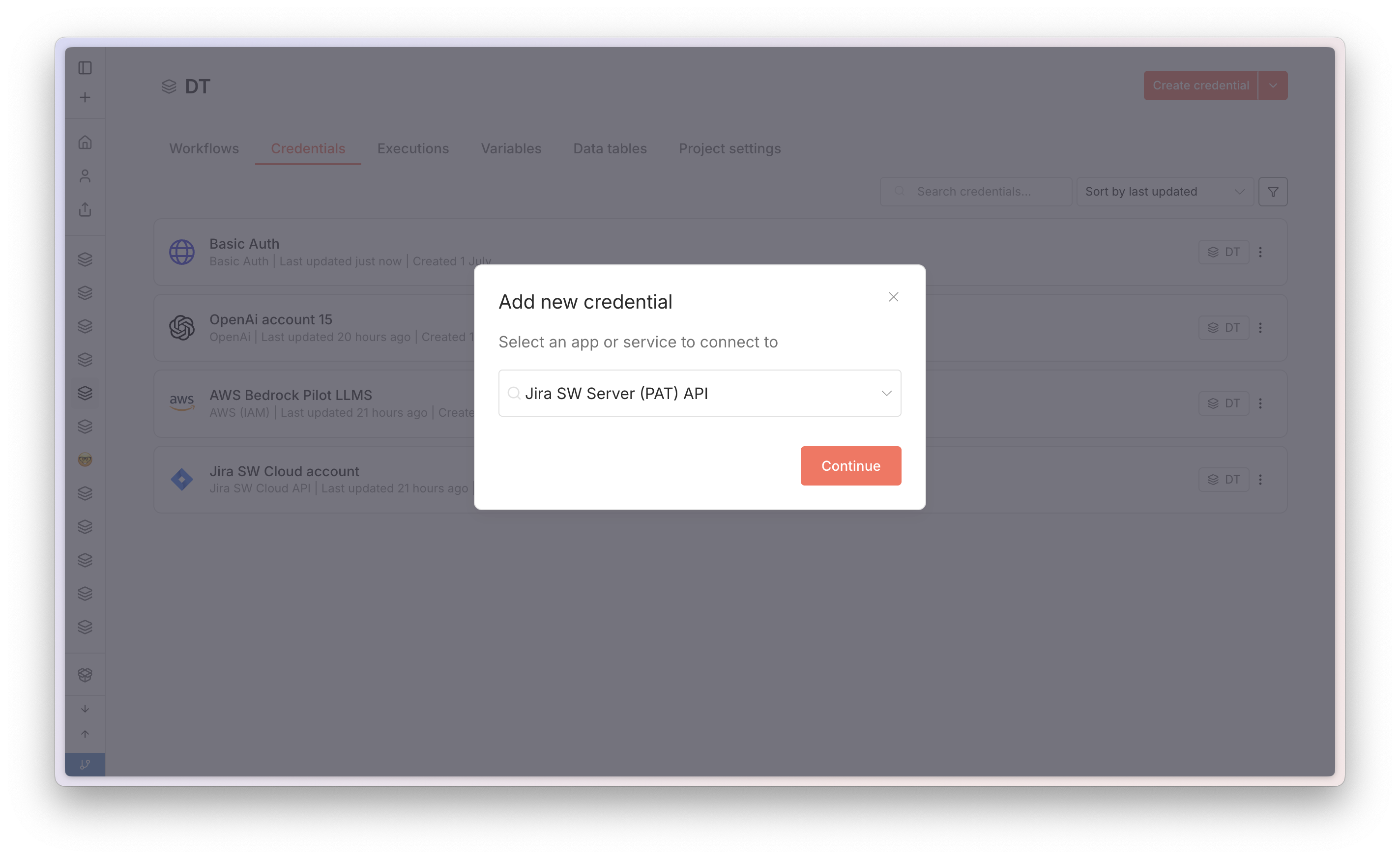 Entering a credential in n8n