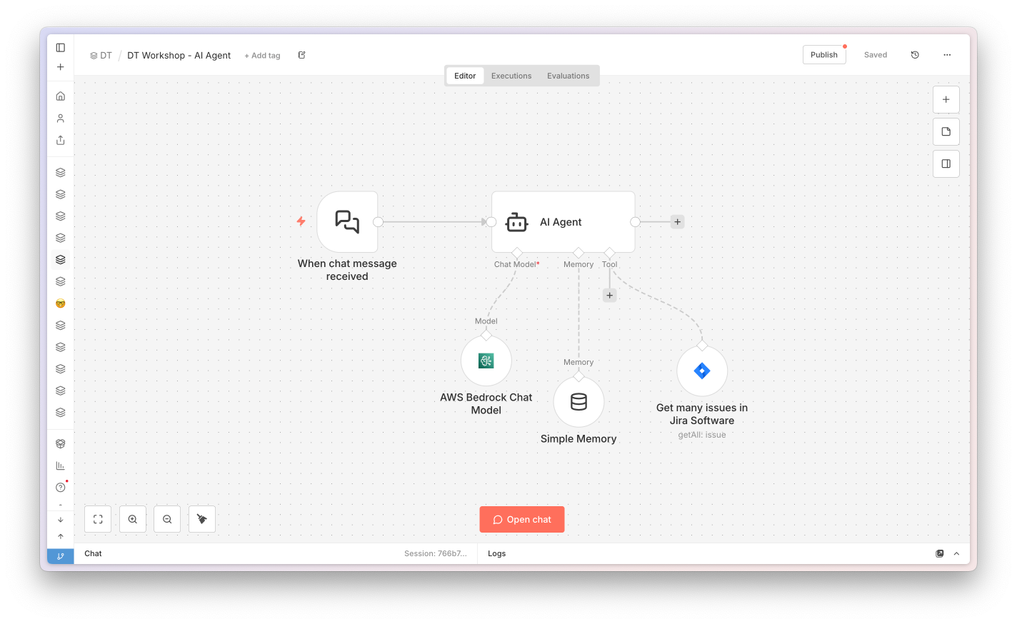 The DT Workshop AI Agent on the n8n canvas